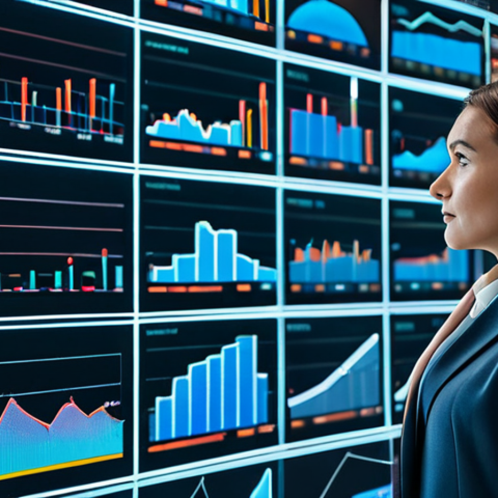 A focused professional media planner, an adult woman, fully clothed in a modest business suit, stands in a modern, high-tech control room. She is looking at and interacting with large, futuristic holographic data projections displaying complex charts, graphs, and flowing digital information, representing artificial intelligence and big data analytics in action. The background features subtle glowing digital interfaces and a clean, minimalist architectural design. The image is a professional photograph, high-quality, safe for work, appropriate content, perfect anatomy, correct proportions, natural pose, well-formed hands, proper finger count, natural body proportions, professional dress.