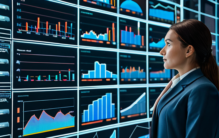 A focused professional media planner, an adult woman, fully clothed in a modest business suit, stands in a modern, high-tech control room. She is looking at and interacting with large, futuristic holographic data projections displaying complex charts, graphs, and flowing digital information, representing artificial intelligence and big data analytics in action. The background features subtle glowing digital interfaces and a clean, minimalist architectural design. The image is a professional photograph, high-quality, safe for work, appropriate content, perfect anatomy, correct proportions, natural pose, well-formed hands, proper finger count, natural body proportions, professional dress.