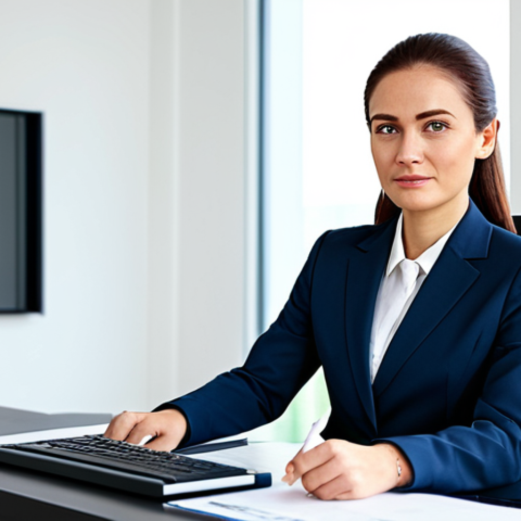 **

A professional businesswoman in a modest business suit, sitting at a desk in a modern office, fully clothed, appropriate attire, safe for work, perfect anatomy, natural proportions, professional photography, high quality.

**