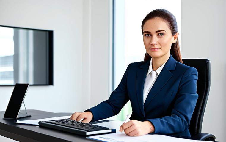 **
A professional businesswoman in a modest business suit, sitting at a desk in a modern office, fully clothed, appropriate attire, safe for work, perfect anatomy, natural proportions, professional photography, high quality.
**
