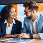 미디어 플래너와 인플루언서 마케팅 연계 - **Prompt: Strategic Synergy of Media Planner and Influencer**
    "A diverse male media planner and ...