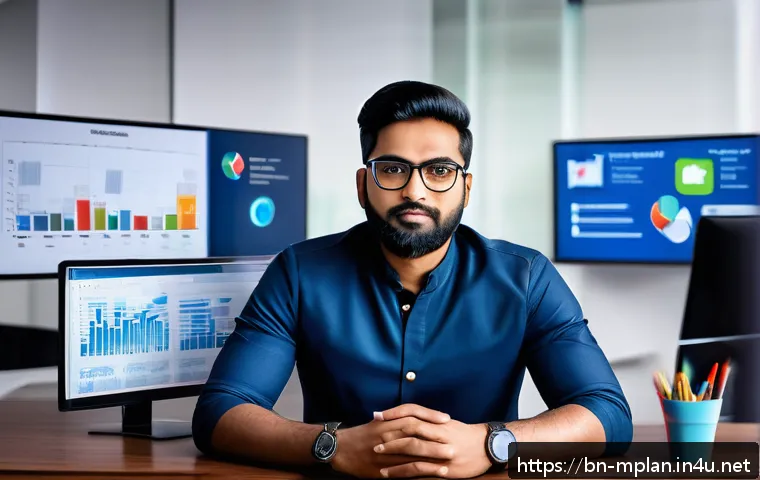 미디어 플래너와 데이터 기반 마케팅 - A professional Bengali digital marketing strategist sitting at a modern desk with multiple screens d...