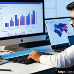 Home 23 미디어 플래너의 신규 채널 발굴 노하우 - A detailed professional workspace scene showing a Bengali media planner analyzing social media trend...