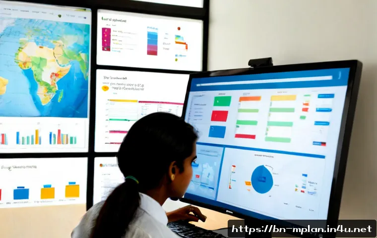 Home 17 미디어 플래너의 광고 리뷰와 최적화 프로세스 - Photorealistic media planner reviewing a multi-screen advertising performance dashboard in a modern ...